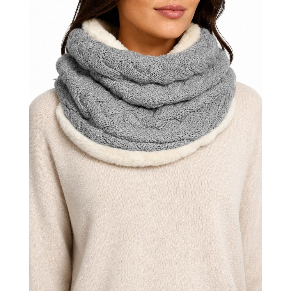Liz Claiborne Infinity Scarf Gray Cable Knit Faux Fur Lined NWT Winter